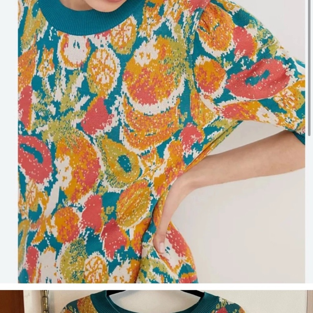 FARM Rio for Anthropologie Teal and Orange Knit Sweater